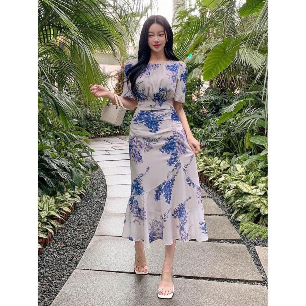 DAZY Asymmetric Floral Lantern Sleeve Fish Tail Ruffle Hem Midi Dress For